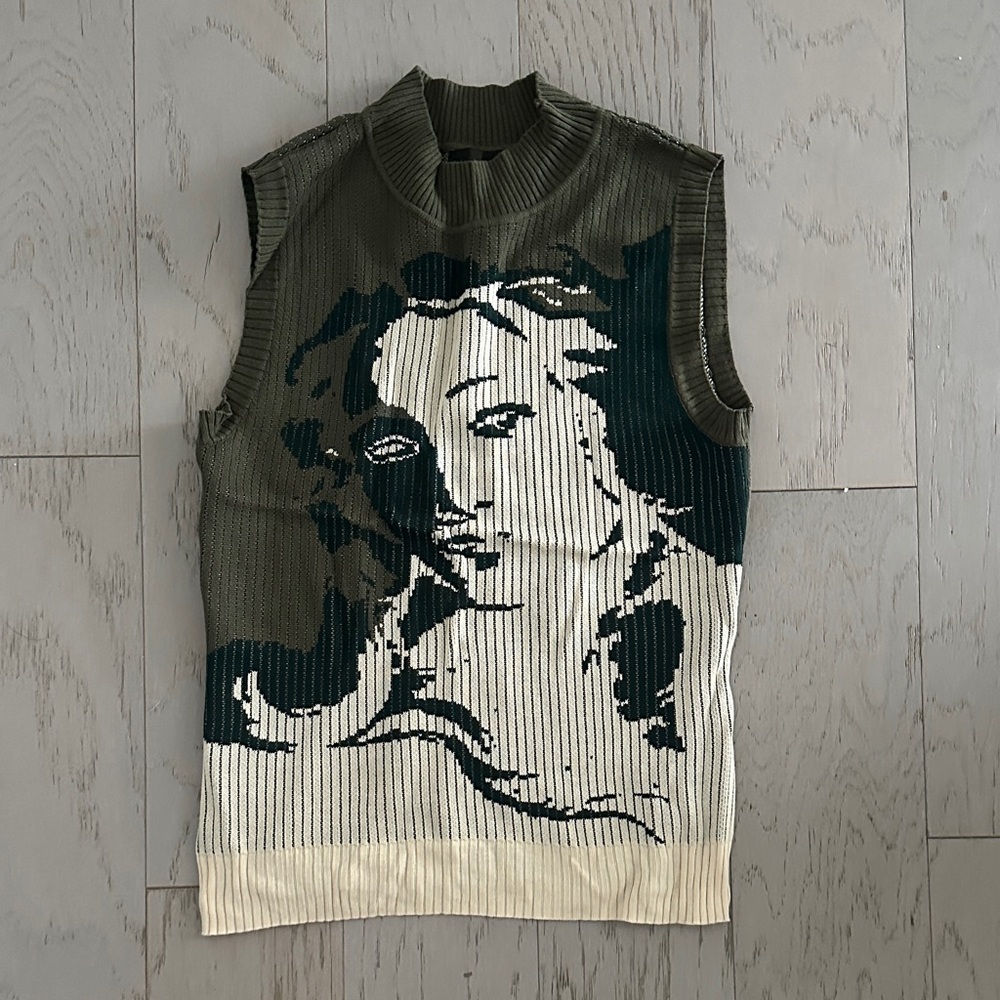Green and Cream Graphic Ribbed Knit Tank Top